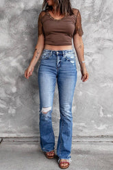 Cwjp0604_High Waist Stretch Ripped Frayed Hem Flare Jeans