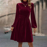 Velvet Long-Sleeved Dress With Waist Tucked