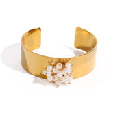 Titanium Steel 18K Gold Pearl Open Cuff Bracelet
