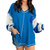 Womens Loose Casual Patchwork V-Neck Sweater