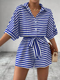 Striped Lapel Belted Shorts Short Sleeved Onesie
