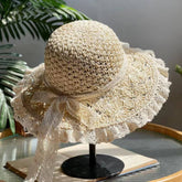 HAND WOVEN BOW FOLDABLE LACE STRAW HAT_CWAH1174