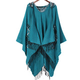Women Hooded Tassel Split Shawl Wrapped Cloak