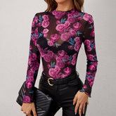 FLORAL PRINT MESH LONG SLEEVE MOCK NECK TOP_CWTBLL3427