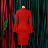 V-Neck Elegant Trumpet Sleeve Slit Hip Dress_Cwdmd3706