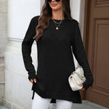 Solid-Color Round-Neck Long-Sleeved Slit T-Shirt