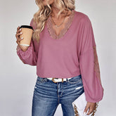 V-Neck Womens Lace Stitching T-Shirt Long Sleeve