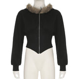 Woolen Collar,Cinched Waist,Hooded Zipper Jacket