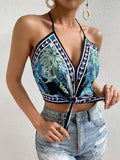 Vacation-Style Printed Knotted Halter Top