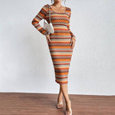 Stylish Wavy Color Striped Slim Longsleeved Dress