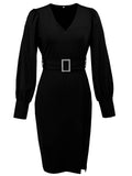 V-Neck Long-Sleeved, Belt-Hugging Knitted Dress