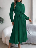 Standing Collar Long Sleeve Pleated Long Dress