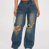 Vintage Heavy Wash Knee Hole Wide-Leg Denim Pants