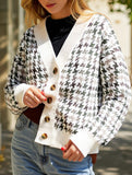 Loose button plaid color-blocking cardigan