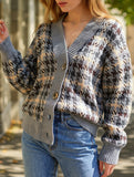 Loose button plaid color-blocking cardigan