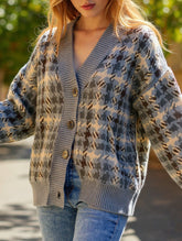 Loose button plaid color-blocking cardigan