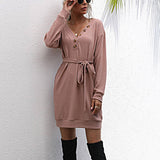 V-Neck Mid-Length Long-Sleeved Knit Dress