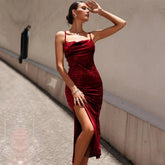 Womens Sexy Velvet Cami Dress With Side Slit
