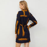 Striped Lapel Long Sleeve Slim Fit Waist Dress