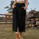 Washed Denim Cargo Skirt With Slit For Women_Cwjsk0197