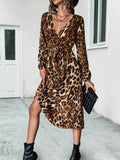 V-Neck Long Sleeve Leopard Print Long Dress