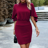 Solid Color Knitted Long-Sleeved Short Dress