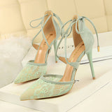 POINTED MESH LACE CROSS STRAP PUMPS_CWSHH0081