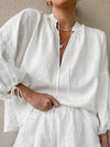 Cotton Linen V-Neck Lantern Sleeve Shorts Suit