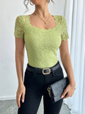 Solid-Color Lace Form-Fitting Square T-Shirt