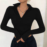 Zipper Half Neck Crop Slim T-Shirt