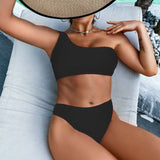 ONE SHOULDER HIGH WAIST BIKINI SEXY SOLID SWIMSUIT_CWMW0171