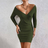 V-Neck Slim-Fit Dress With Hips And Long Sleeves