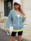 Cwoco0879_Casual Contrast Stripe Hooded Zip-Up Sweatshirt