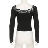 U-Neck Slim Fit Lace Patchwork Long Sleeve Top