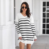 Striped V-Neck Long-Sleeved Sweater Dress