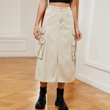 Wome Casual Denim Midi Skirt Elastic Waist_Cwjsk0204