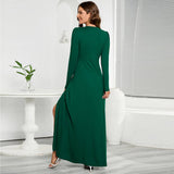 V-Neck Long-Sleeved Solid Color Fitted Dress