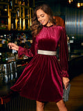 Velvet Semi High Neck Waist A Swing Short Dress
