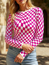 Fashionable plaid print long-sleeved top
