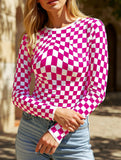 Fashionable plaid print long-sleeved top