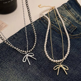 FASHIONABLE TASSEL BOW PEARL DOUBLE LAYER NECKLACE_CWAJE3056