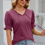 V-Neck Drawstring Pleated Loose Fitting T-Shirt
