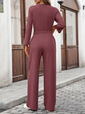 Solid-Color High-Waisted Long-Sleeved Jumpsuit