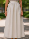 Solid Color Waist Drop Slimming Hemline Skirt ??Elegant Cotton Linen Midi Skirt