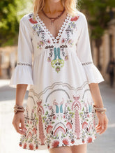 Women's V-Neck Lace Patchwork Printed Dress ??Elegant All-Match Summer Dress