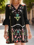 Women's V-Neck Lace Patchwork Printed Dress – Elegant All-Match Summer Dress