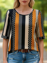 Striped Polka-Dot Crew Neck Mid-Sleeve Top ??Trendy Printed Women?™s Shirt
