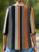 Striped Polka-Dot Crew Neck Mid-Sleeve Top ??Trendy Printed Women?™s Shirt