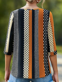 Striped Polka-Dot Crew Neck Mid-Sleeve Top ??Trendy Printed Women?™s Shirt