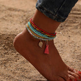 BEACHY ANKLET SET HANDMADE BEADS PEARL TASSELS_CWMM6348